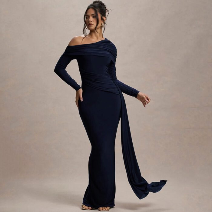 Women's formal dress with slanted collar and long sleeves - Image 4