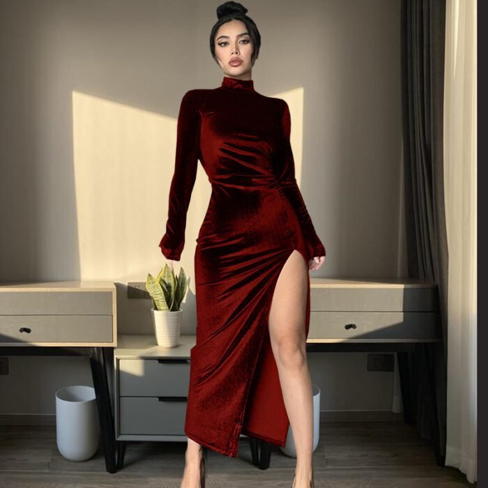 Women's High Neck Long Velvet Dress with Pleats and Slit Fitted SilhouetteAutumn/Winter Fashion - Image 7