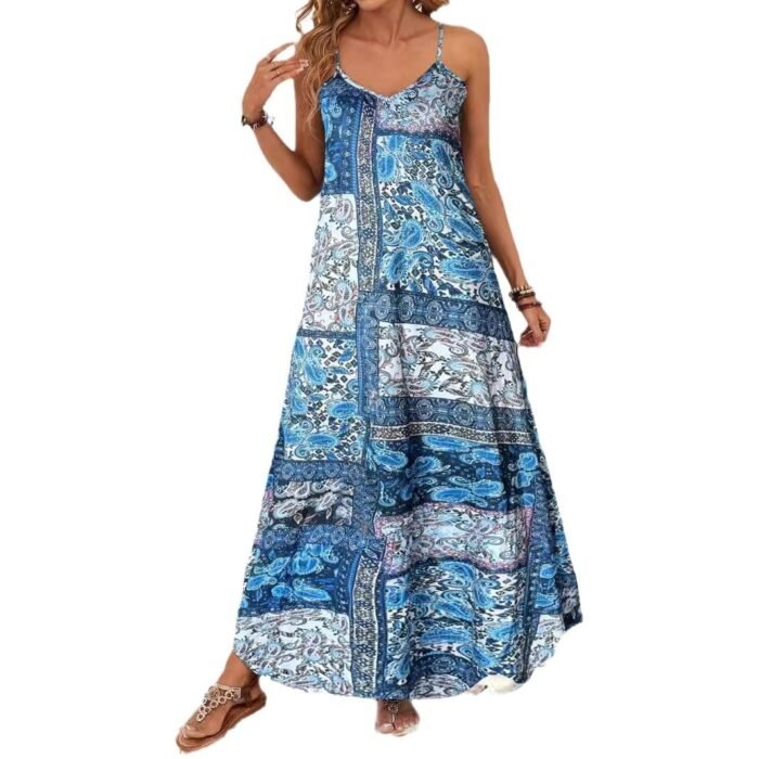 Spring Summer Women's Vacation Style Printed Casual V-Neck Strap Loose Dress - Image 5