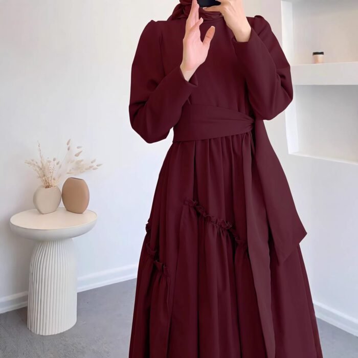 Hem Maxi Dress with High Waist and Flowing Skirt Solid Color Fitted Waist, Long Dress - Image 2