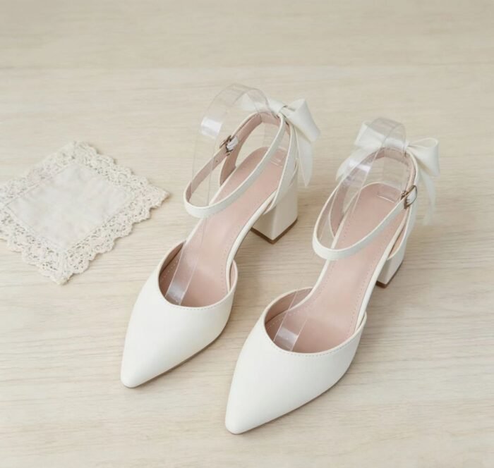 Women's off-white bow chunky heel pointed toe sandals for spring and summer - Image 4