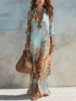 Blue Tone Printed Chiffon Turn-down Collar Split Resort Beach Dress - Image 6