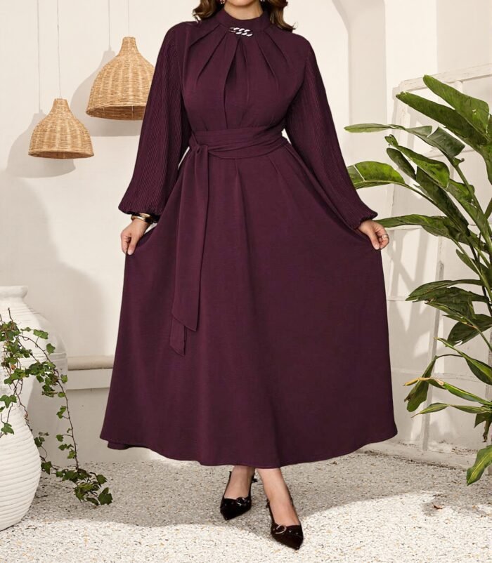 Elegant Long Sleeve Maxi DressFitted Solid Color Pleated Sleeve Dress - Image 6