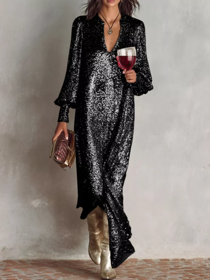 Sequin Notched Lantern Sleeve Maxi Dress - Image 4