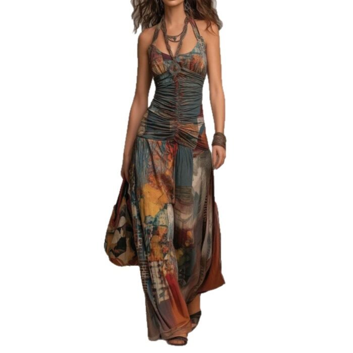 French Oil Painting Print Vintage Off-Shoulder Sexy Jumpsuit for Women Summer - Image 5