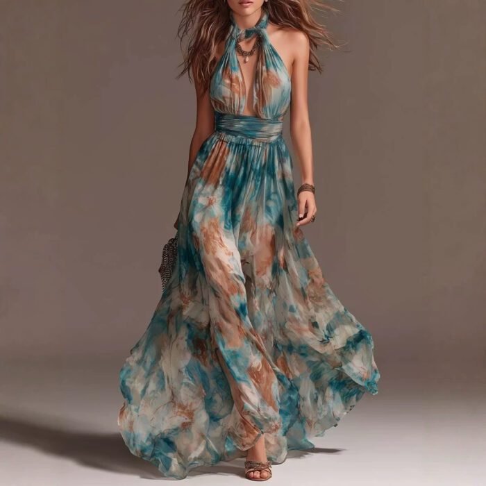 580006107 Hang Neck Backless Ink Print Vacation Style Casual Long Dress - Image 1