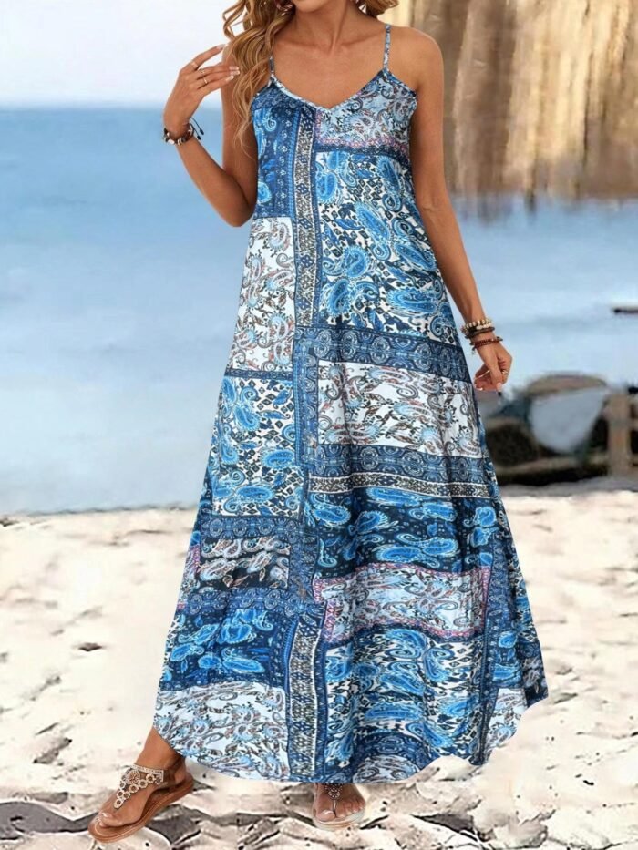 Spring Summer Women's Vacation Style Printed Casual V-Neck Strap Loose Dress - Image 6