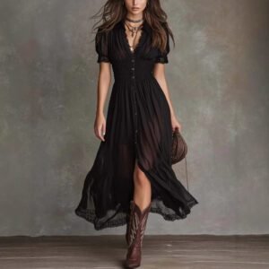 Cropped V-Neck Shirt Dress with Ruffled Hem and Side Slit, Dark Chic Style, Body-Con Fit, Long Skirt