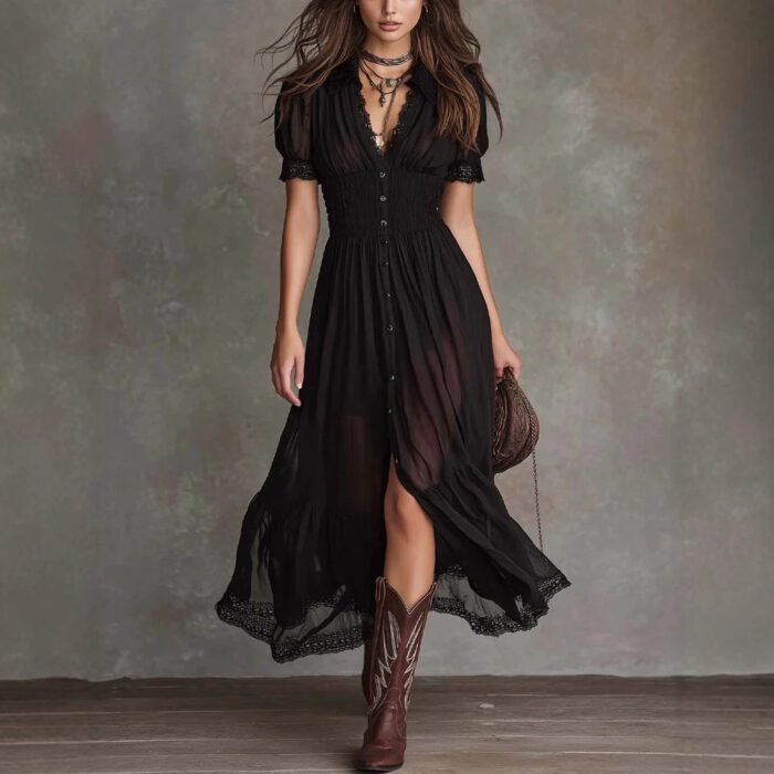 580006140 Cropped V-Neck Shirt Dress with Ruffled Hem and Side Slit, Dark Chic Style, Body-Con Fit, Long Skirt - Image 1