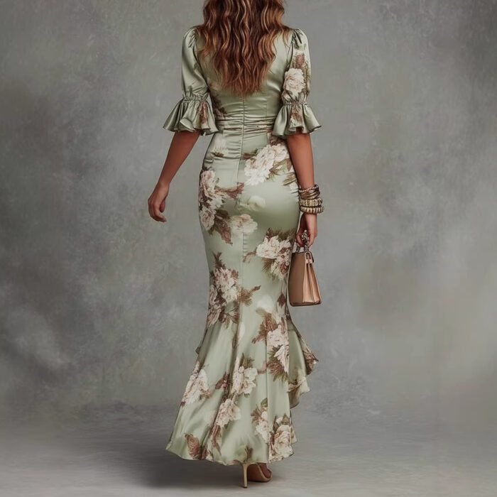 Elegant Long Dress with V-Neck, Fitted Silhouette, Floral Print and Ruffle Hem - Image 3