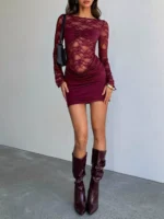 Lace Sheer Cutout Back Long Sleeve Ruched Dress - Image 4