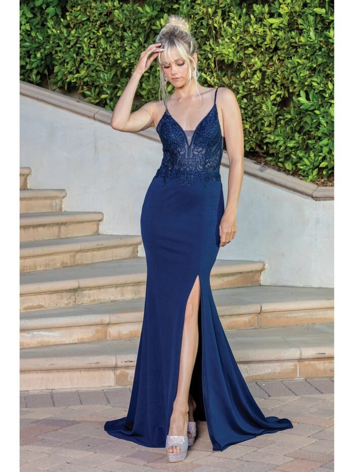 Sunset Ridge Beaded Bodice Gown in navy