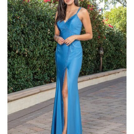 Midnight Trail Beaded Slit Gown in dusty blue