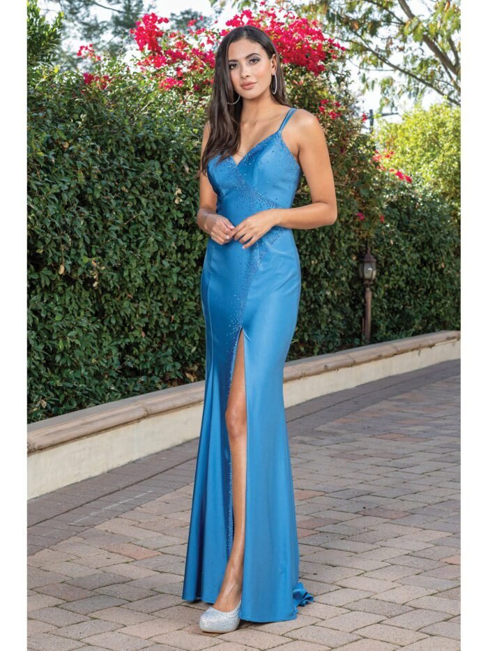Midnight Trail Beaded Slit Gown in dusty blue