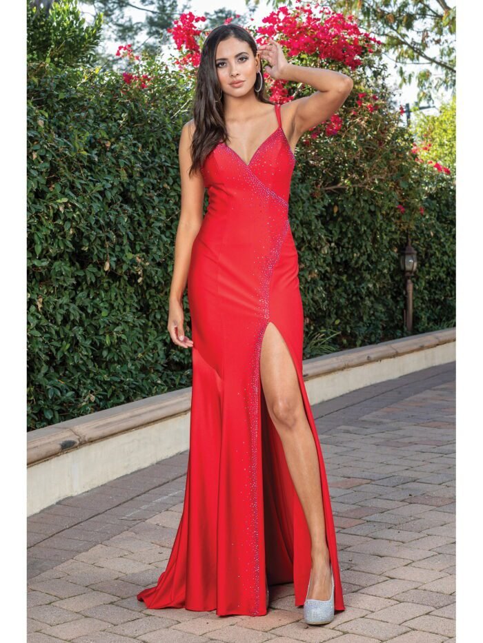 Midnight Trail Beaded Slit Gown in red