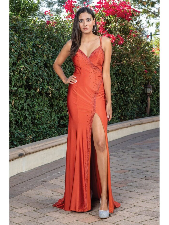 Midnight Trail Beaded Slit Gown in sienna