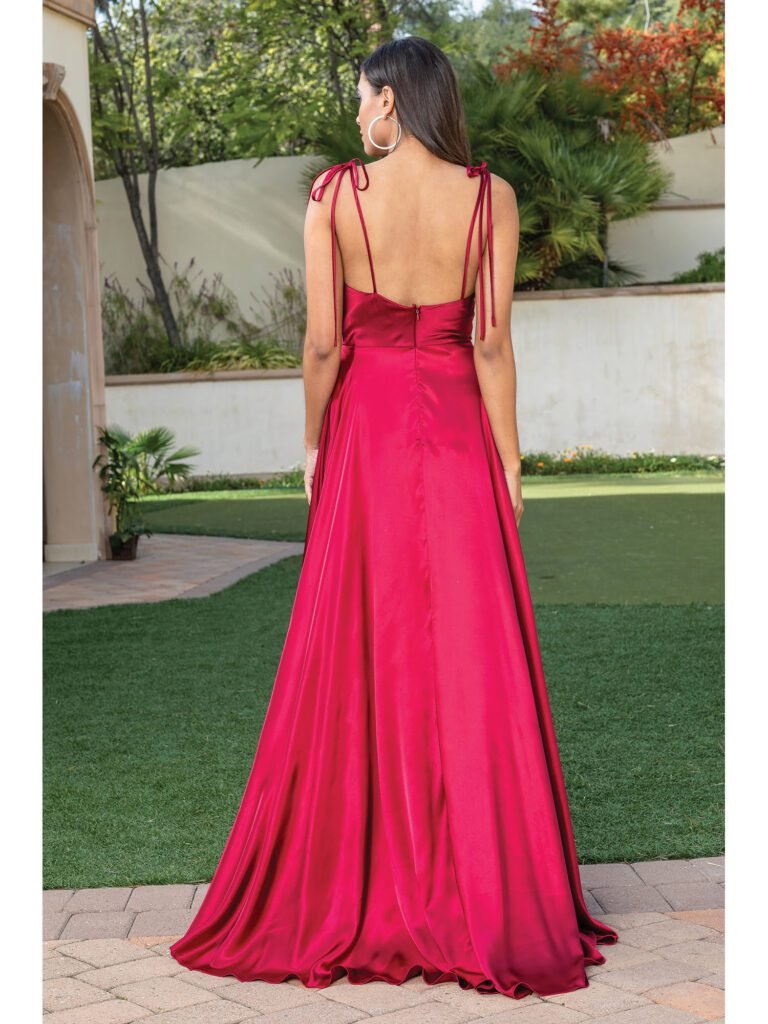 Homestead Tie-Shoulder Satin Gown in burgundy