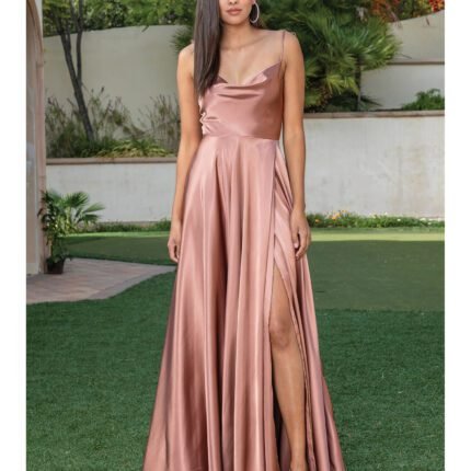 Homestead Tie-Shoulder Satin Gown in copper