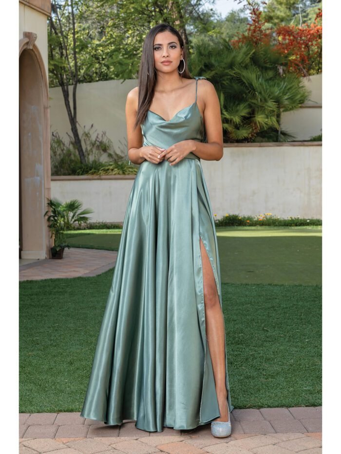 Homestead Tie-Shoulder Satin Gown in dark sage