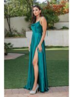 Homestead Tie-Shoulder Satin Gown in hunter green