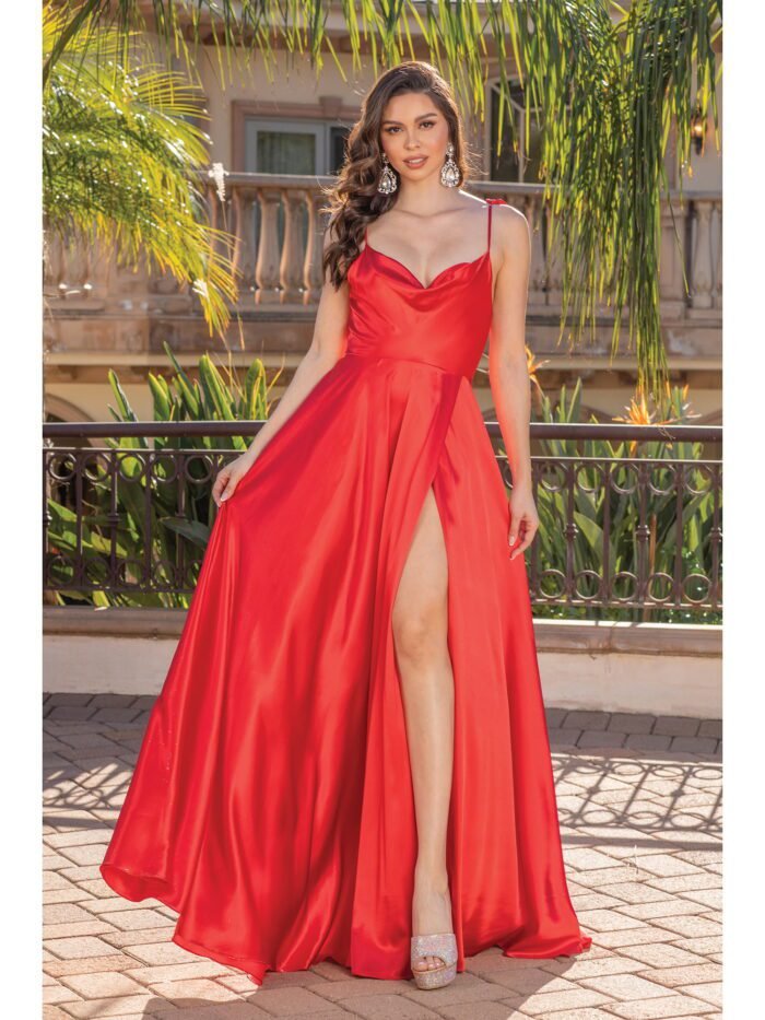 Homestead Tie-Shoulder Satin Gown in red