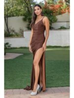 Desert Rose Draped Slit Gown in brown