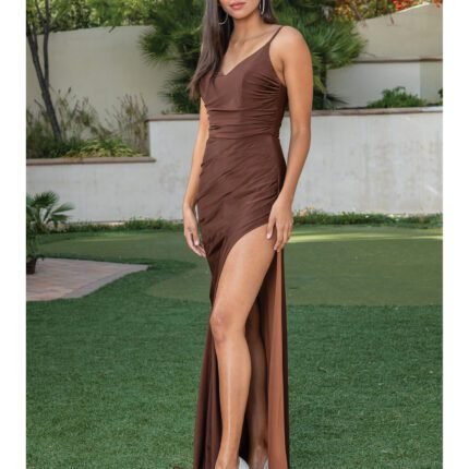 Desert Rose Draped Slit Gown in brown
