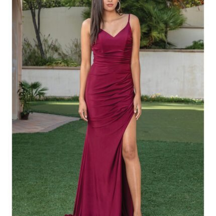 Desert Rose Draped Slit Gown in burgundy