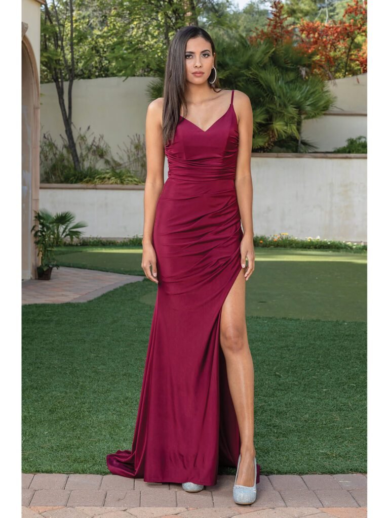 Desert Rose Draped Slit Gown in burgundy
