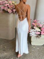 Slinky Satin Cowl Neck High Slit Dress with Back Lace Up - Image 4
