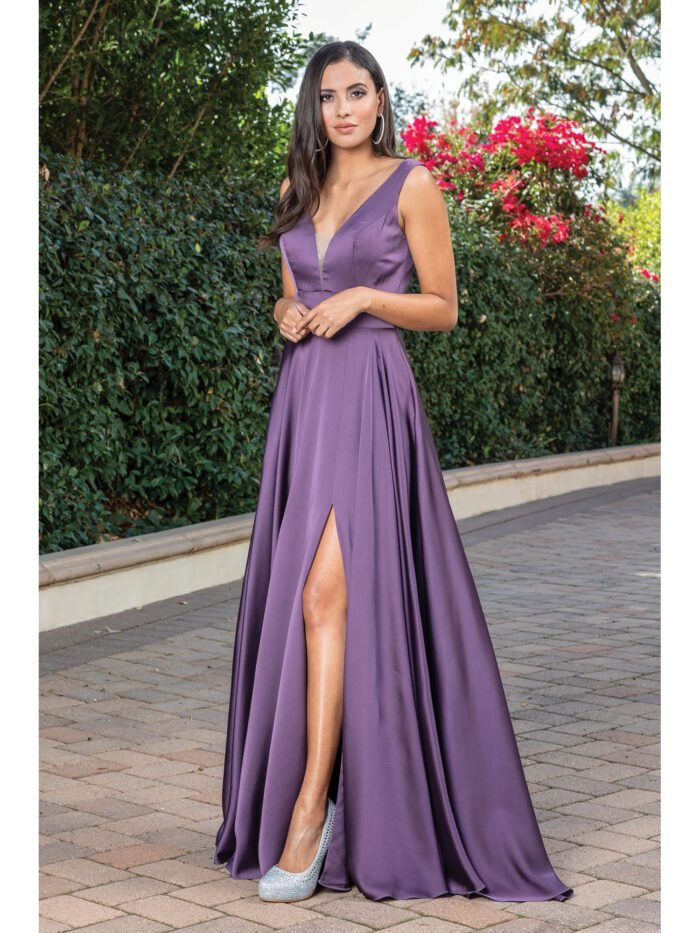 Saddle Ridge Satin A-Line Gown in eggplant