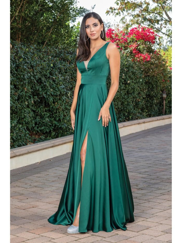 Saddle Ridge Satin A-Line Gown in hunter green