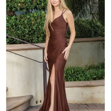 Canyon Sunset Ruched Evening Gown in brown
