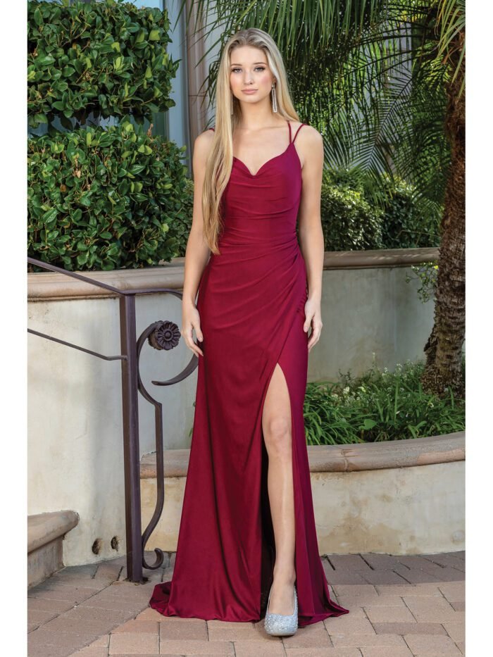 Canyon Sunset Ruched Evening Gown in burgundy