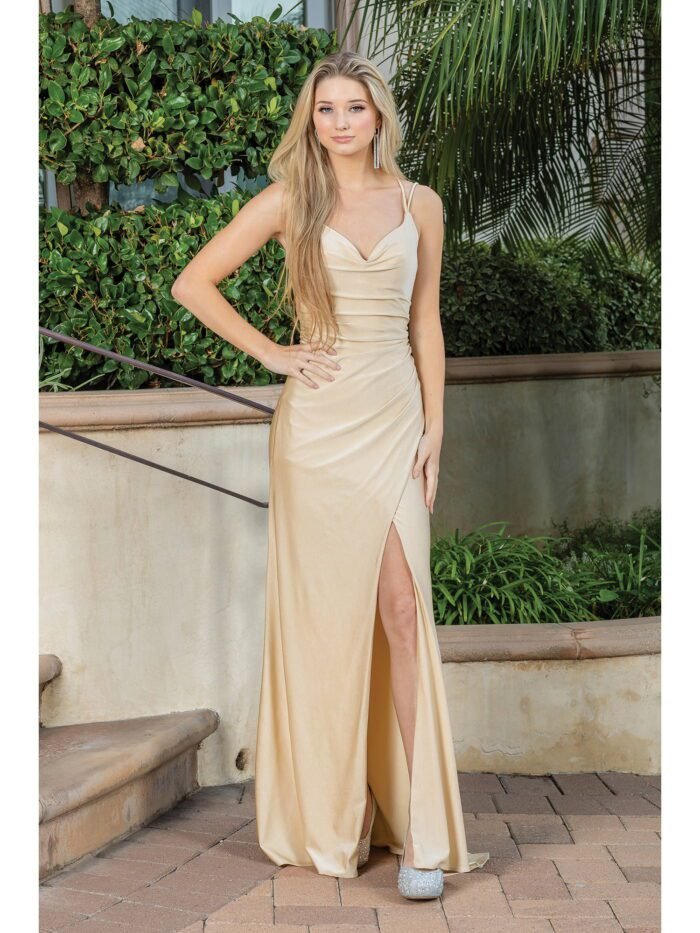 Canyon Sunset Ruched Evening Gown in champagne