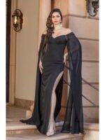 Midnight Mesa Cape-Sleeve Gown in black
