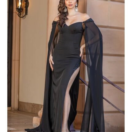 Midnight Mesa Cape-Sleeve Gown in black