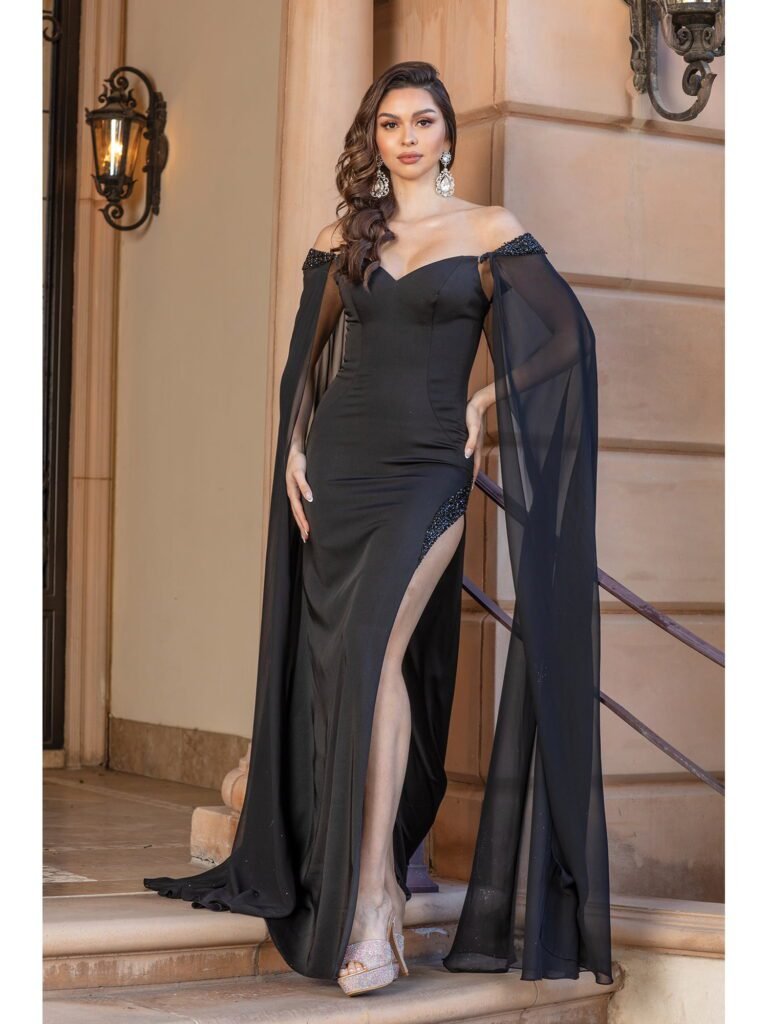 Midnight Mesa Cape-Sleeve Gown in black