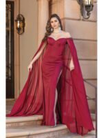 Midnight Mesa Cape-Sleeve Gown in burgundy