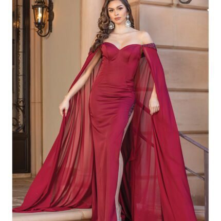 Midnight Mesa Cape-Sleeve Gown in burgundy
