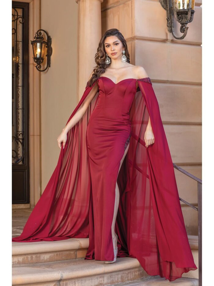 Midnight Mesa Cape-Sleeve Gown in burgundy