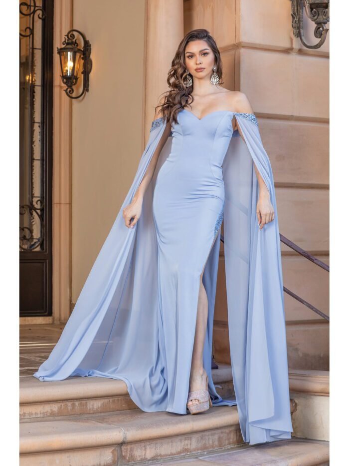 Midnight Mesa Cape-Sleeve Gown in dusty blue
