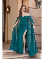 Midnight Mesa Cape-Sleeve Gown in hunter green
