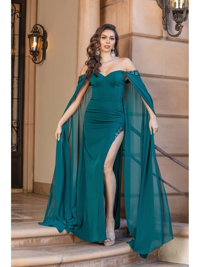 Midnight Mesa Cape-Sleeve Gown in hunter green