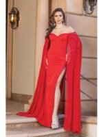 Midnight Mesa Cape-Sleeve Gown in red