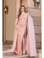 Midnight Mesa Cape-Sleeve Gown in rose gold