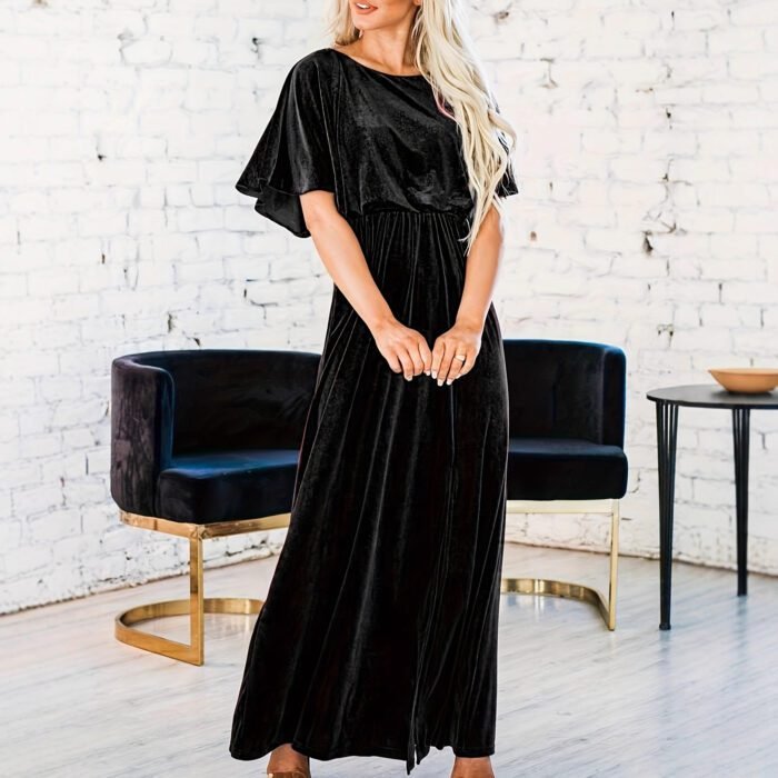 Romantic New Spring Summer Short Sleeve Sexy Elegant Velvet Round Neck Dress with Fashion 3D Decoration - Image 2