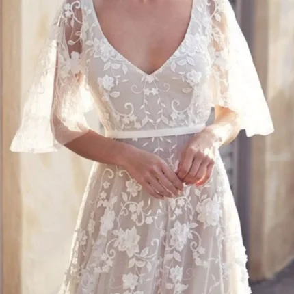 Full Size Lace Flutter Sleeve V-Neck Dress Plus Size