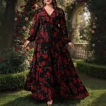 Oversize Printed Bohemian V-Neck Long Sleeve Flared Elegant Dress - Image 3
