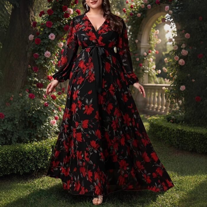 Oversize Printed Bohemian V-Neck Long Sleeve Flared Elegant Dress - Image 3
